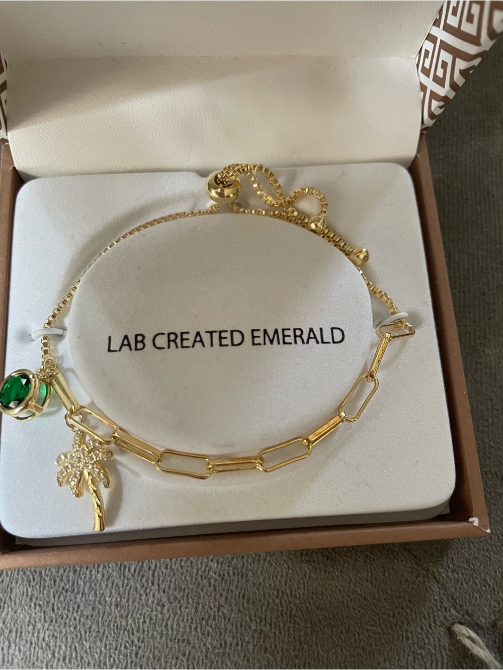 NIB Gold Plated Bracelet with Emerald and Palm Tree Charm